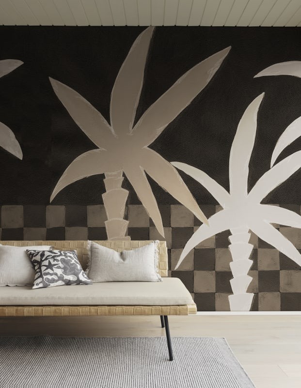 Rebel Walls R20496 Symbolic Palm Horizon Dark Brown - mural w palmy i kratkę