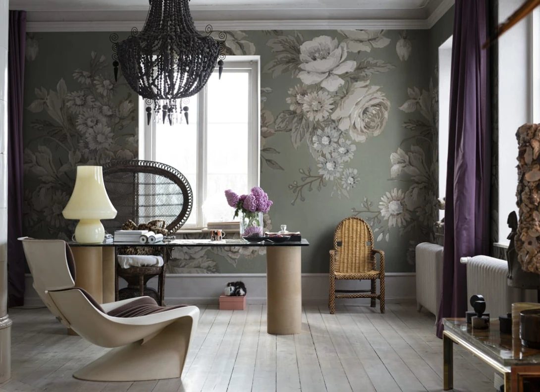 Rebel Walls R18494 Marie Olsson Nylander Efraim Soft Green - mural w vintage kwiaty