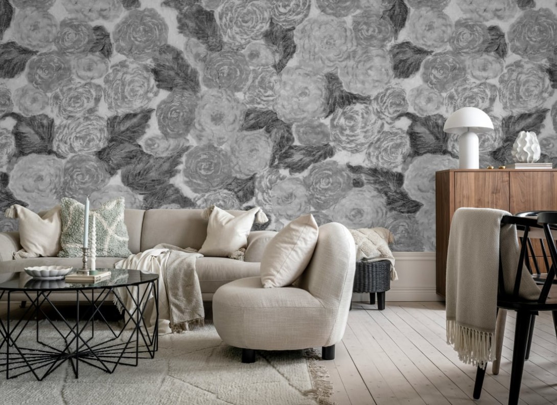 Rebel Walls R21286 Marie Olsson Nylander Sol Rosa Black & White - mural w retro róże