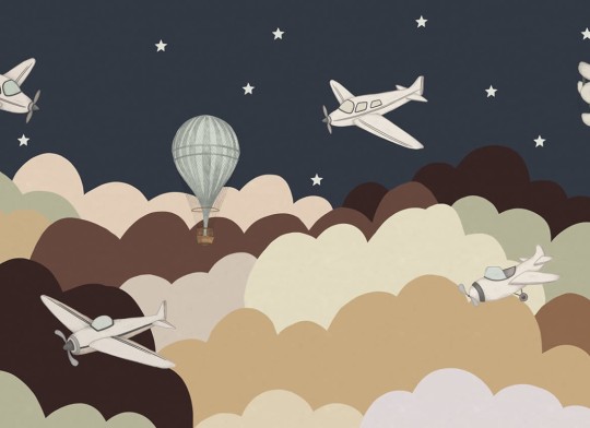 Rebel Walls R18932 Pops Fly Away Brown - mural dla dzieci w gwiazdy i samoloty