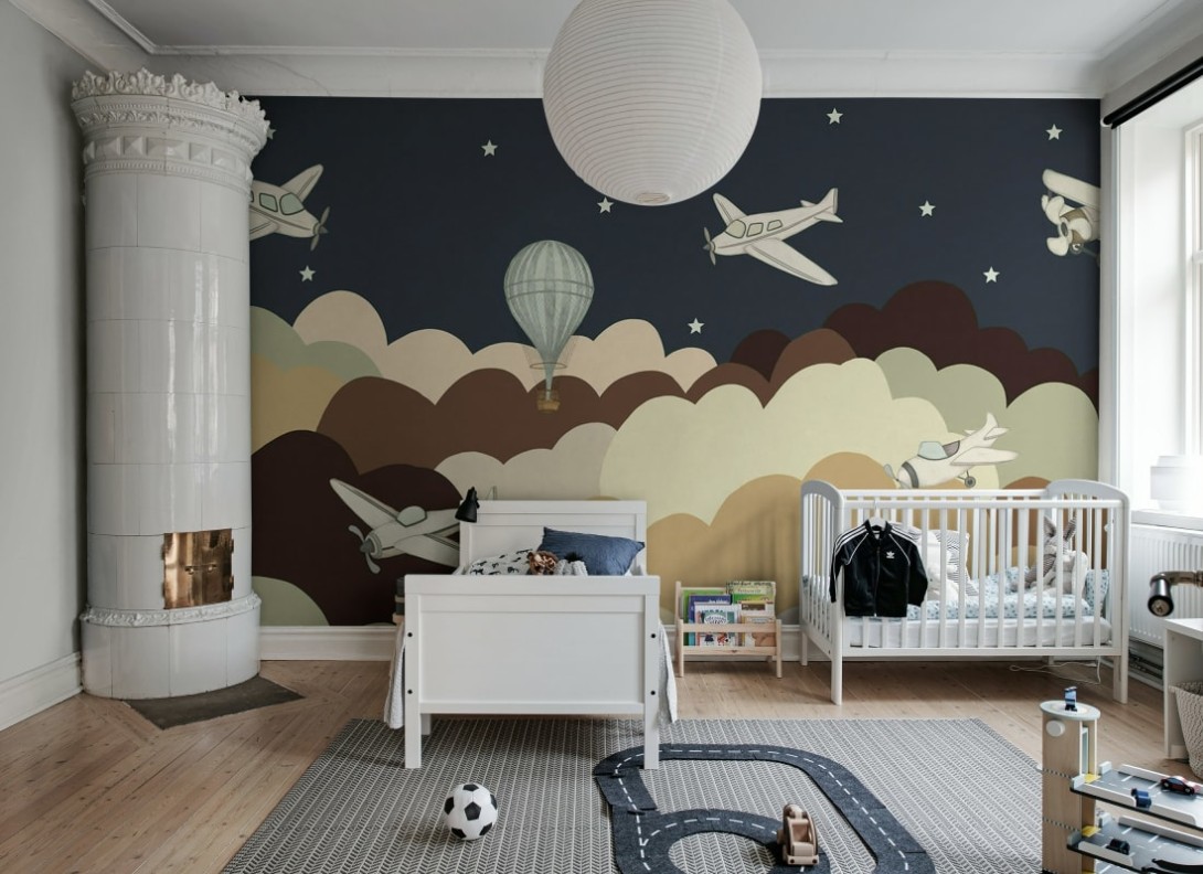 Rebel Walls R18932 Pops Fly Away Brown - mural dla dzieci w gwiazdy i samoloty