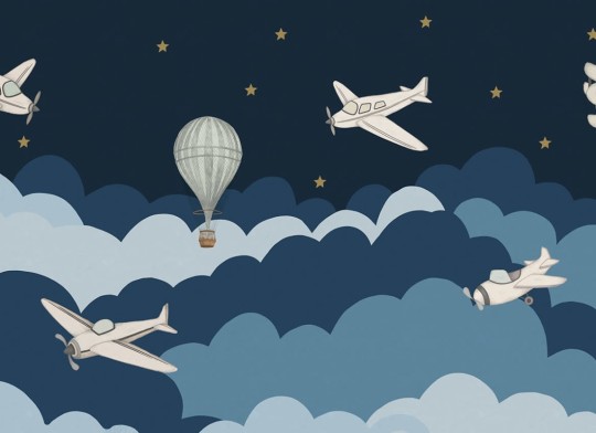 Rebel Walls R18931 Pops Fly Away Dark Blue - mural dla dzieci w gwiazdy i samoloty