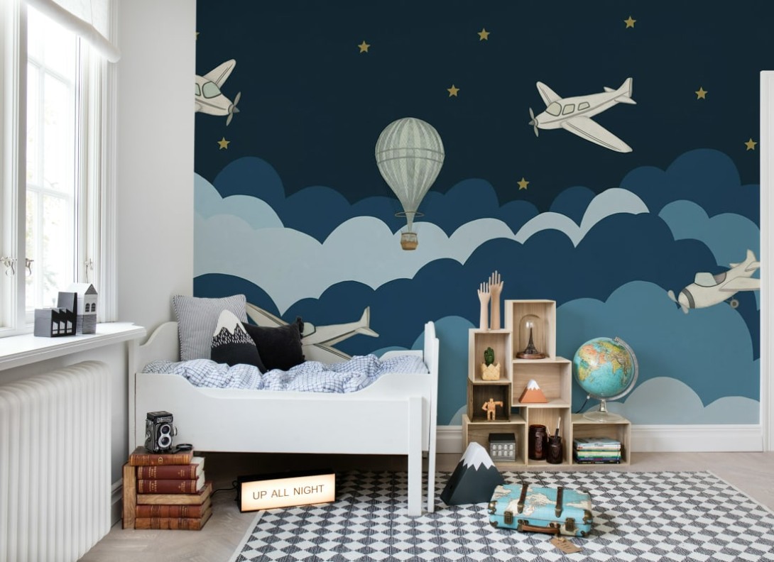 Rebel Walls R18931 Pops Fly Away Dark Blue - mural dla dzieci w gwiazdy i samoloty