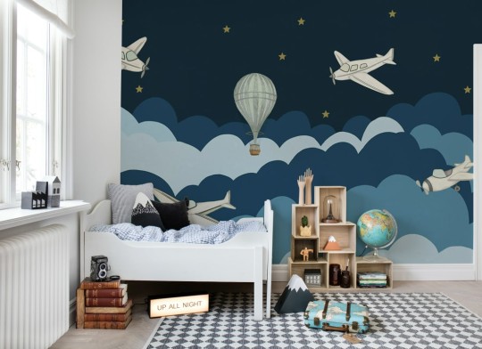 Rebel Walls R18931 Pops Fly Away Dark Blue - mural dla dzieci w gwiazdy i samoloty