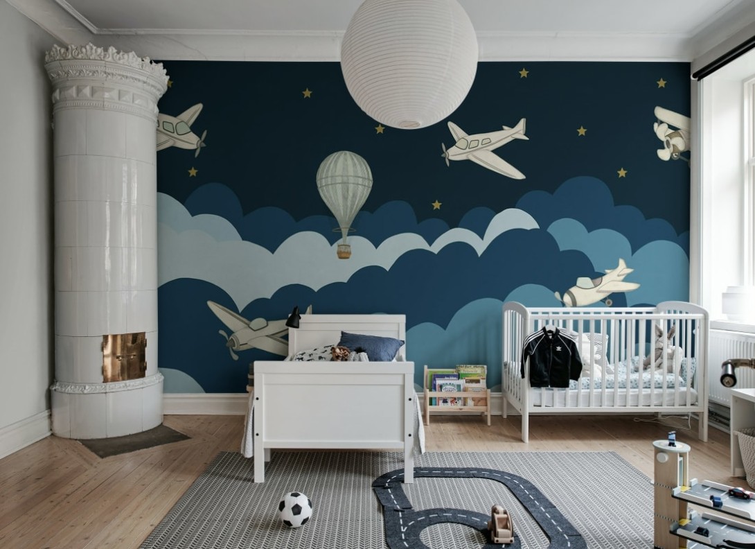 Rebel Walls R18931 Pops Fly Away Dark Blue - mural dla dzieci w gwiazdy i samoloty