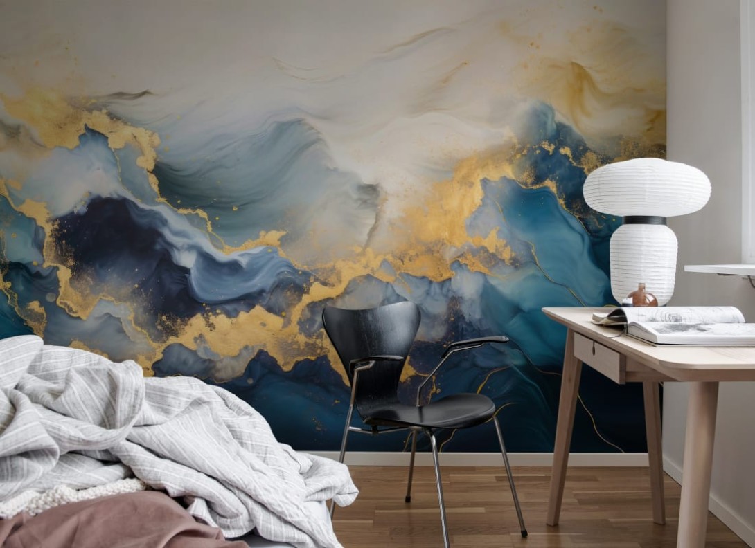 Rebel Walls R20234 Pops Gold Stream Blue - mural imitujący marmur