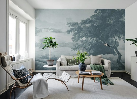 Rebel Walls R18945 Pops Vintage Tree Blue - mural w pejzaż wzgórz i drzewa