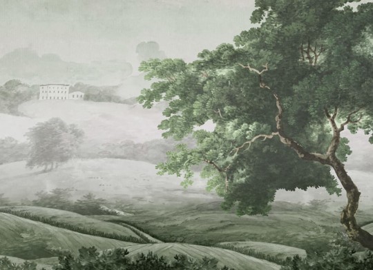 Rebel Walls R18948 Pops Vintage Tree Soft Green - mural w pejzaż wzgórz i drzewa