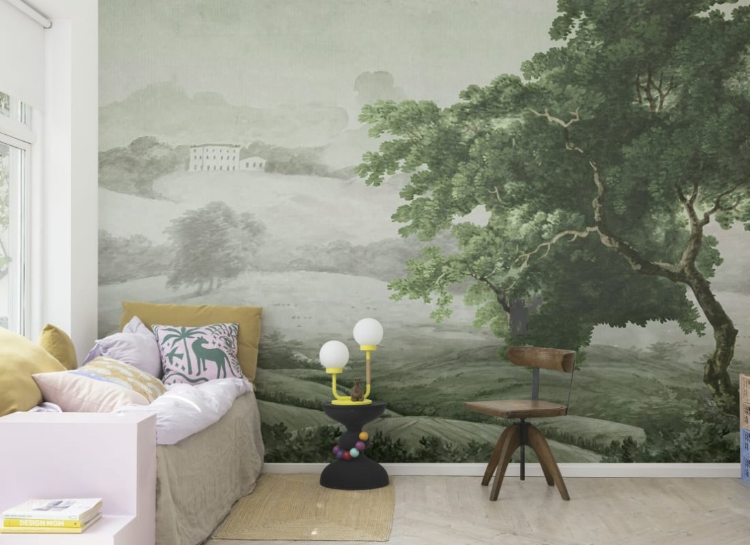 Rebel Walls R18948 Pops Vintage Tree Soft Green - mural w pejzaż wzgórz i drzewa