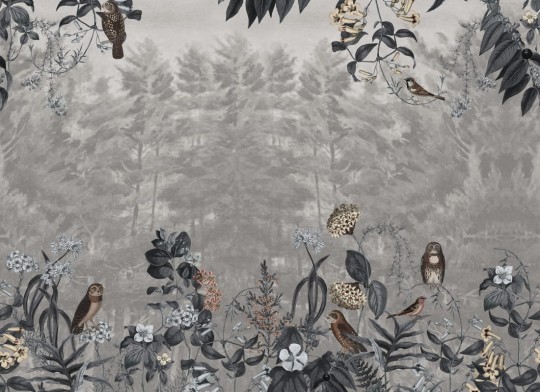 Rebel Walls R20552 Pops Owl Forest Gray - mural w leśny pejzaż i sowy