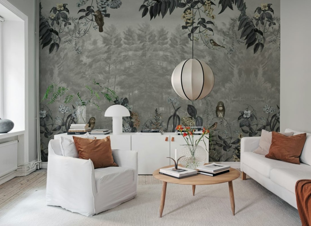 Rebel Walls R20552 Pops Owl Forest Gray - mural w leśny pejzaż i sowy