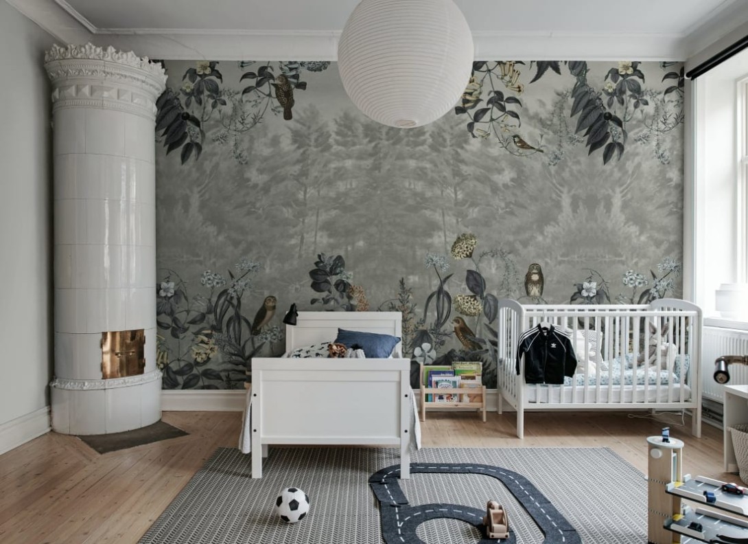 Rebel Walls R20552 Pops Owl Forest Gray - mural w leśny pejzaż i sowy