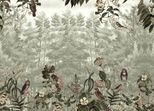Rebel Walls R20846 Pops Owl Forest Green - mural w leśny pejzaż i sowy