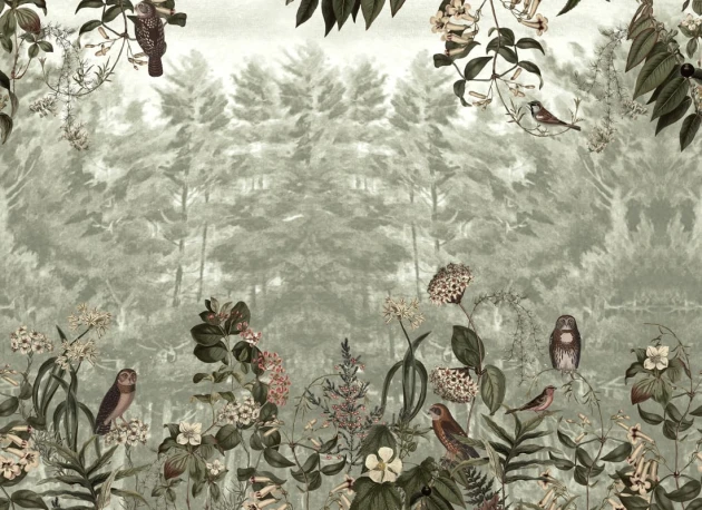 Rebel Walls R20846 Pops Owl Forest Green - mural w leśny pejzaż i sowy