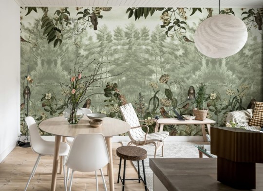 Rebel Walls R20846 Pops Owl Forest Green - mural w leśny pejzaż i sowy