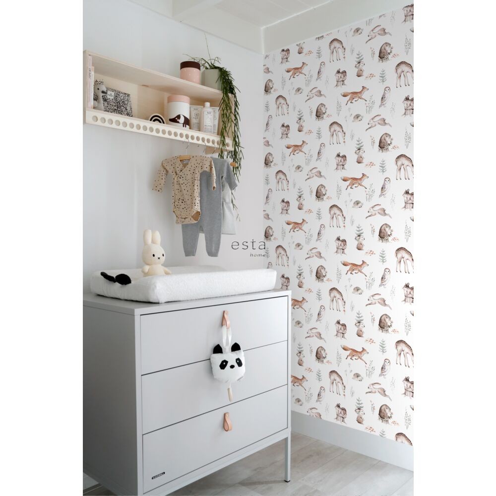Esta 139399 To the moon and back Vintage Forest Animals white orange and brown - tapeta dziecięca w leśne zwierzęta
