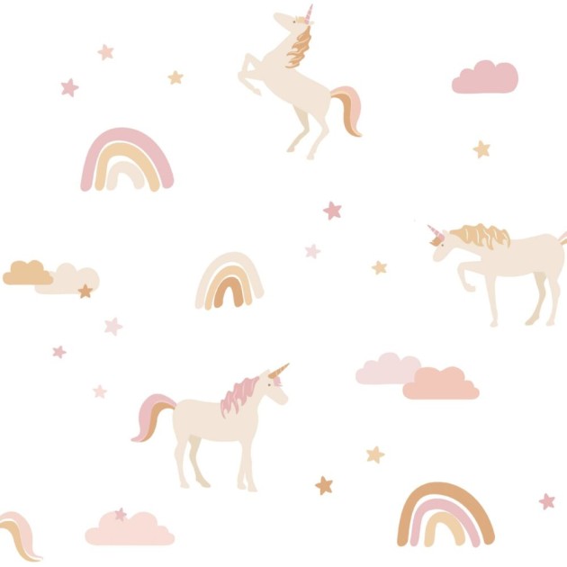 Esta 139581 To the moon and back Unicorns white soft pink and mustard - tapeta dziecięca w jednorożce