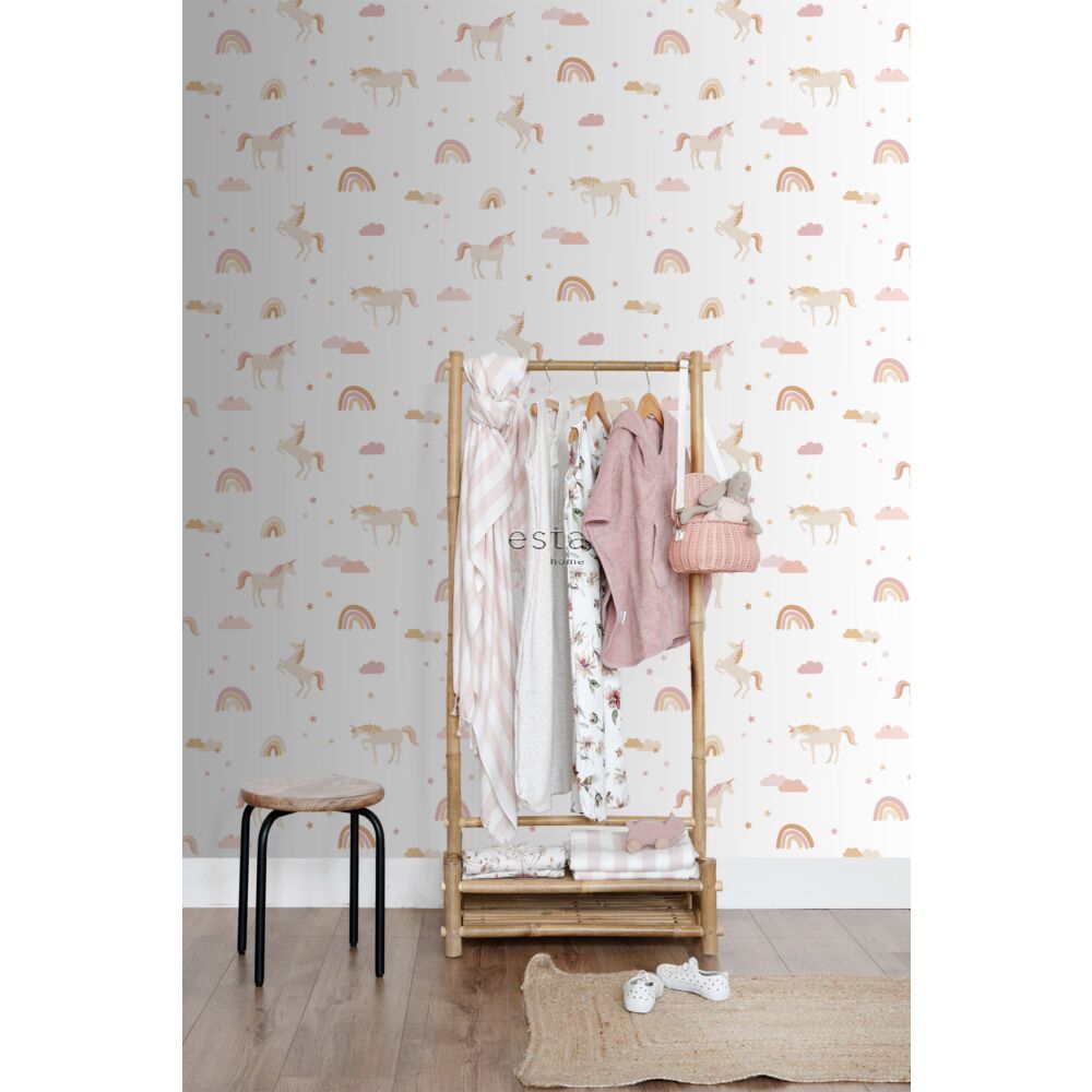 Esta 139581 To the moon and back Unicorns white soft pink and mustard - tapeta dziecięca w jednorożce