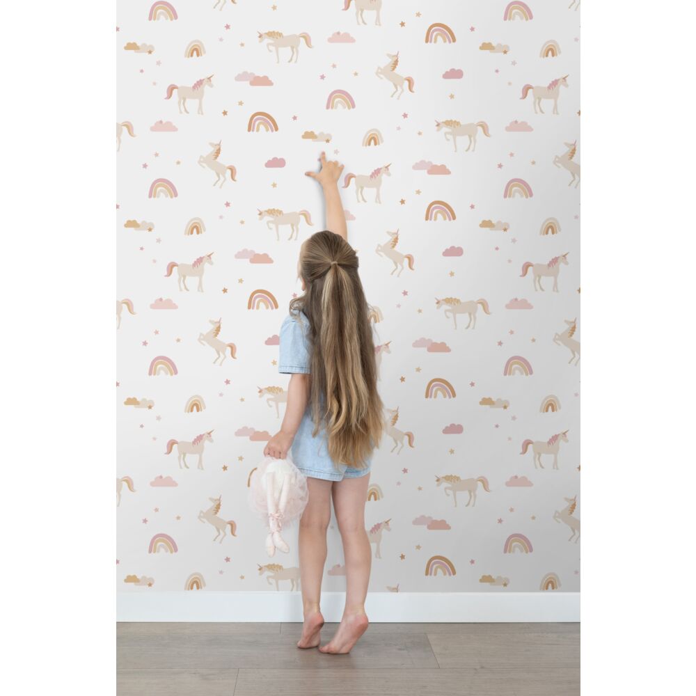 Esta 139581 To the moon and back Unicorns white soft pink and mustard - tapeta dziecięca w jednorożce