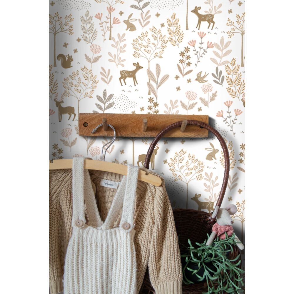 Esta 139521 To the moon and back Forest with forest animals terracotta pink and beige - tapeta dziecięca w leśny motyw