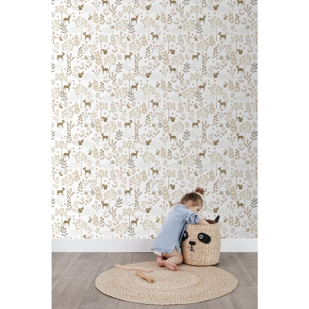 Esta 139521 To the moon and back Forest with forest animals terracotta pink and beige - tapeta dziecięca w leśny motyw