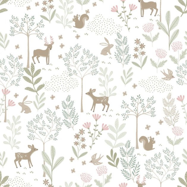 Esta 139519 To the moon and back Forest with forest animals green and pink - tapeta dziecięca w leśny motyw
