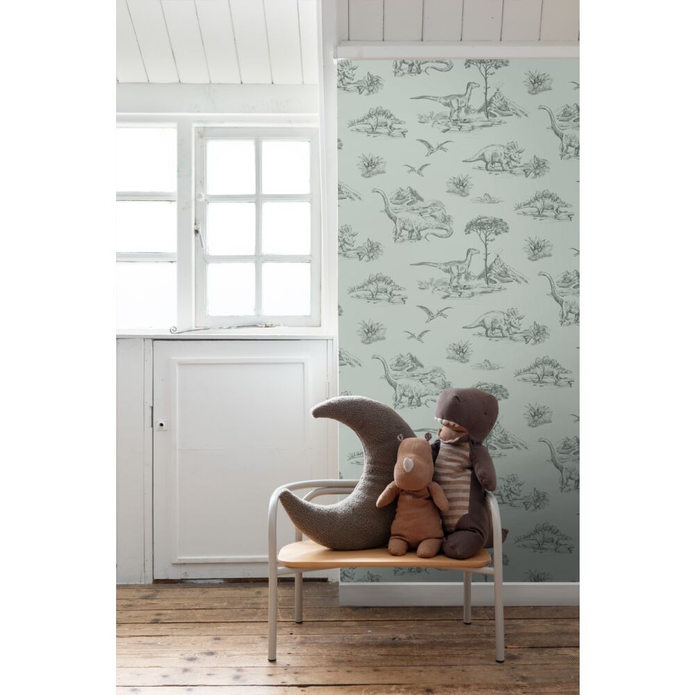 Esta 139556 To the moon and back Dinosaurs grayish sea green - tapeta dla dzieci w dinozaury