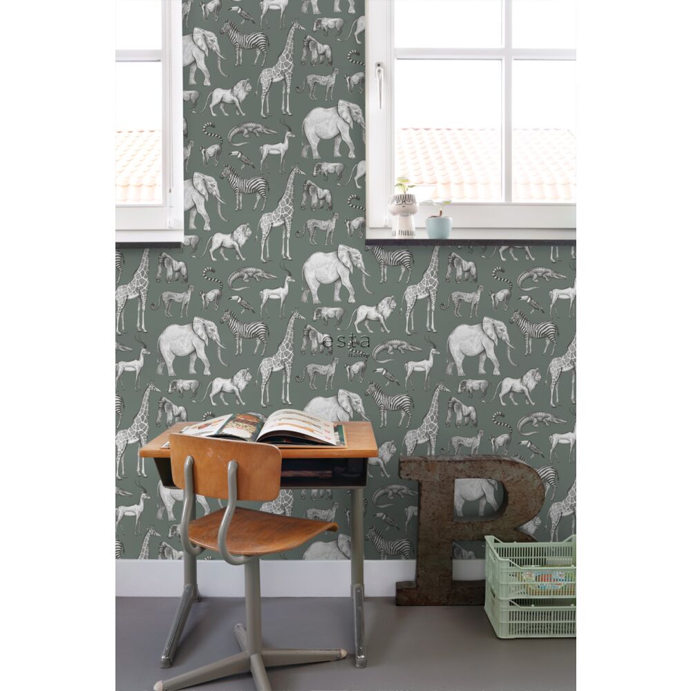 Esta 139513 To the moon and back Jungle animals grayish green - tapeta w egzotyczne zwierzęta