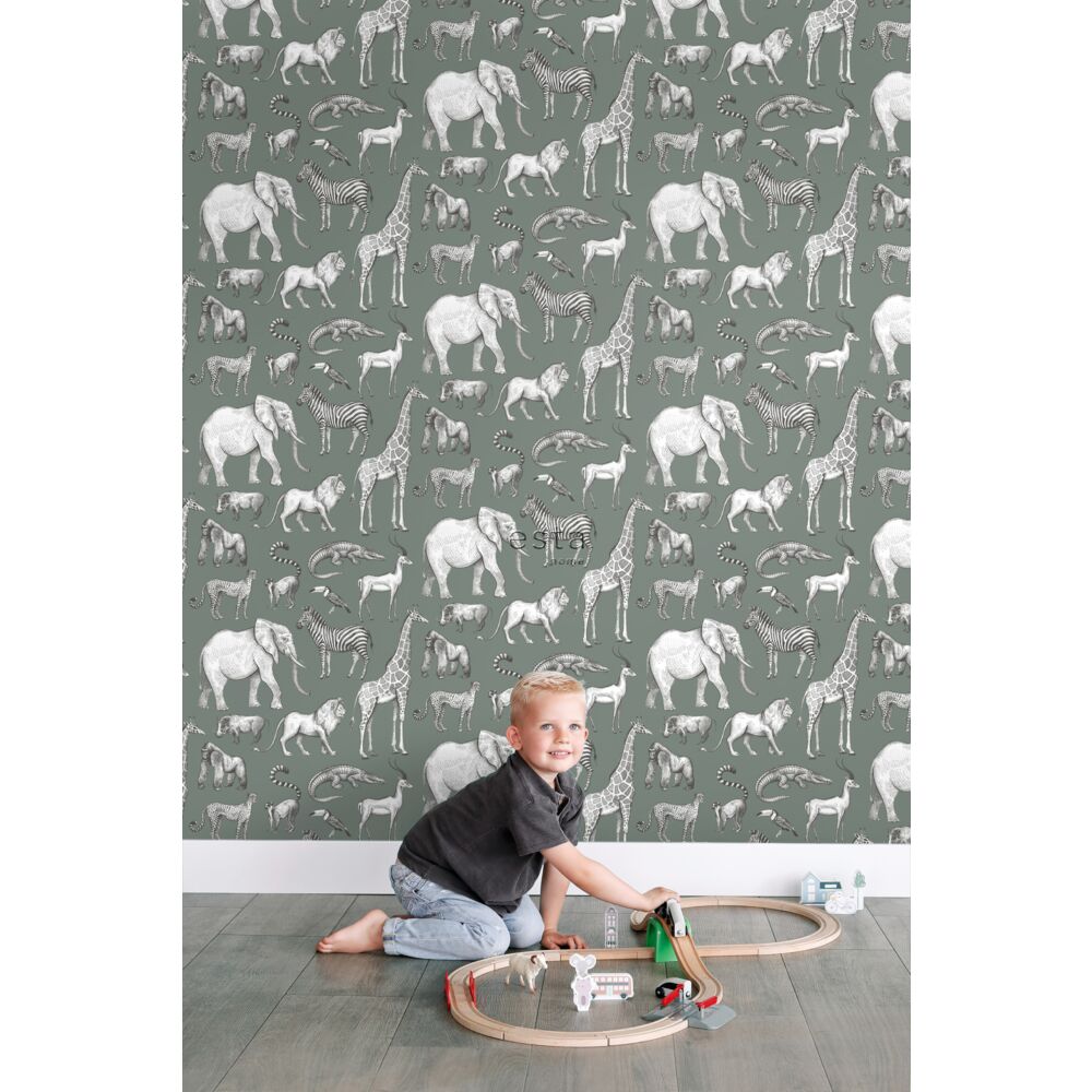 Esta 139513 To the moon and back Jungle animals grayish green - tapeta w egzotyczne zwierzęta