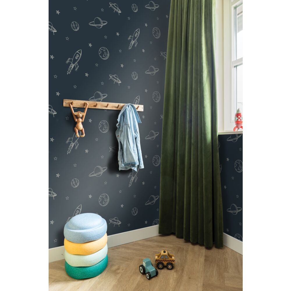 Esta 139422 To the moon and back Planets in outer space dark blue - tapeta dziecięca w kosmiczny motyw