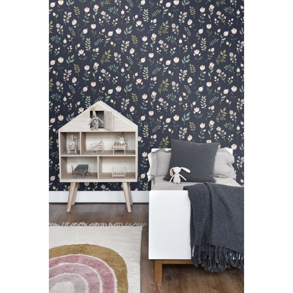 Esta 139341 To the moon and back Flowers dark blue pink and green - tapeta w kwiaty i liście