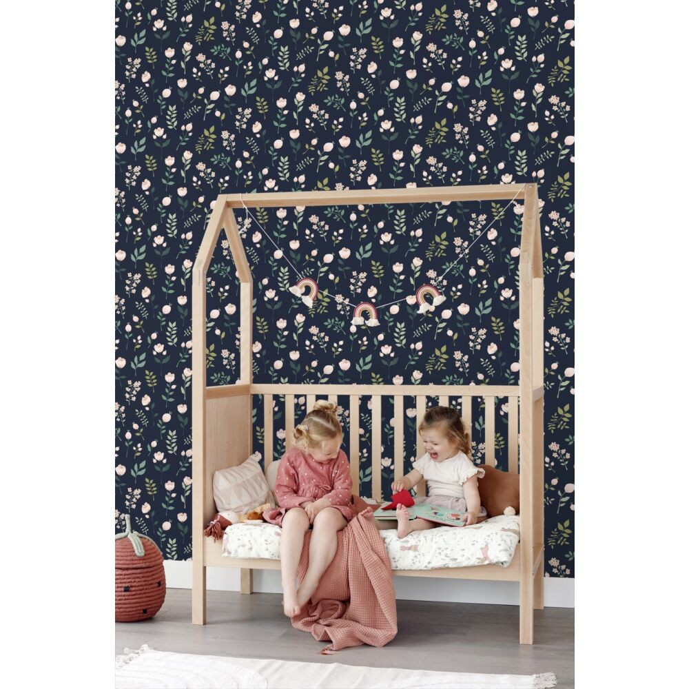 Esta 139341 To the moon and back Flowers dark blue pink and green - tapeta w kwiaty i liście
