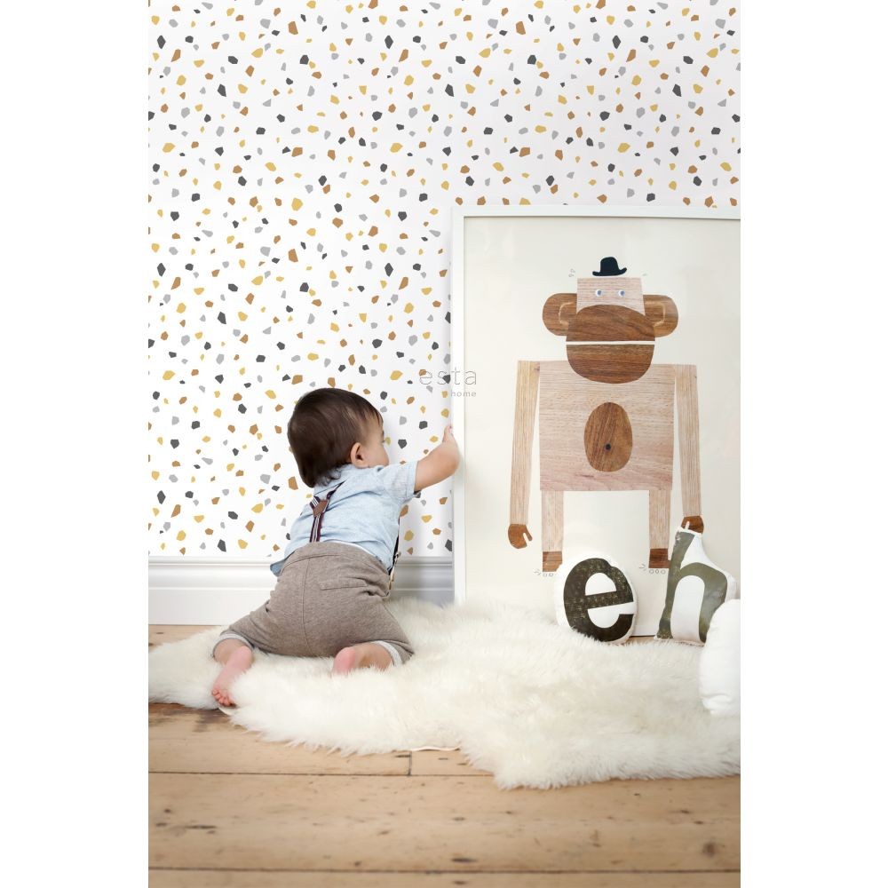 Esta 139305 To the moon and back Terrazzo white mustard and gray - tapeta w motyw lastryko