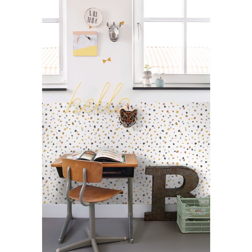 Esta 139305 To the moon and back Terrazzo white mustard and gray - tapeta w motyw lastryko