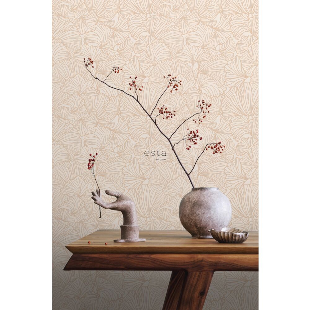 Esta 139488 To the moon and back Pen drawn leaves sand beige and light terracotta - tapeta w minimalistyczne liście