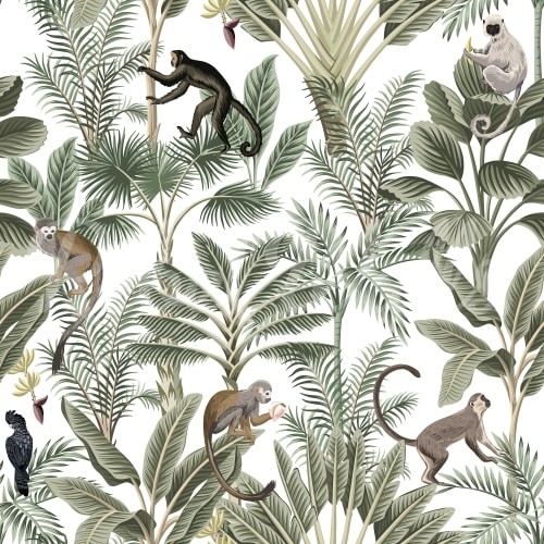 Rebel Walls R21206 Shutterstock Tropical Monkeys Green - mural w egzotyczne liście i małpy