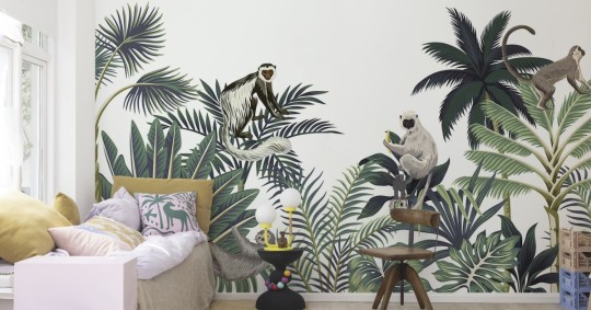 Rebel Walls R21206 Shutterstock Tropical Monkeys Green - mural w egzotyczne liście i małpy