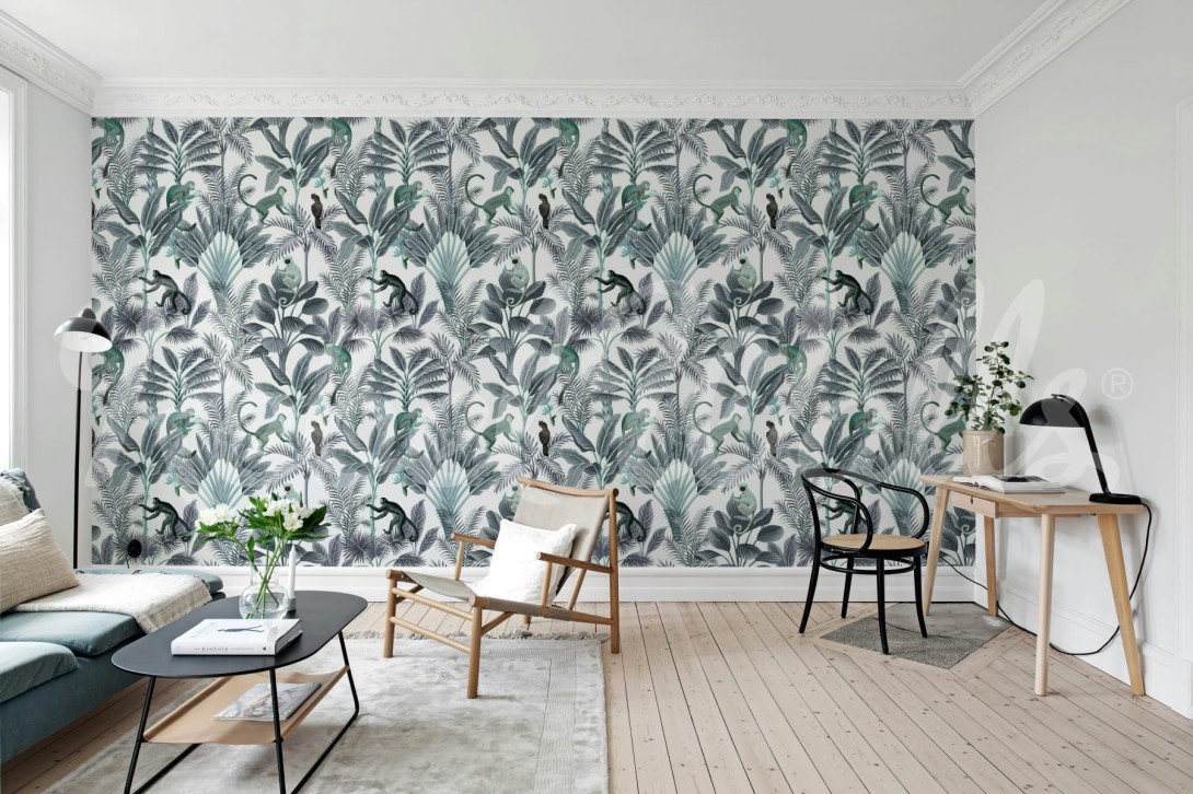 Rebel Walls R21204 Shutterstock Tropical Monkeys Blue - mural w egzotyczne liście i małpy