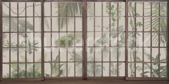 Rebel Walls R20070 Shutterstock Window View Beige - mural w okno i egzotyczne liście
