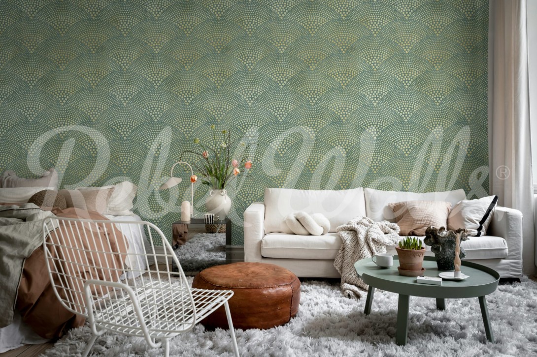 Rebel Walls R21556 Shutterstock Shimmer Fan Green - mural w wachlarze