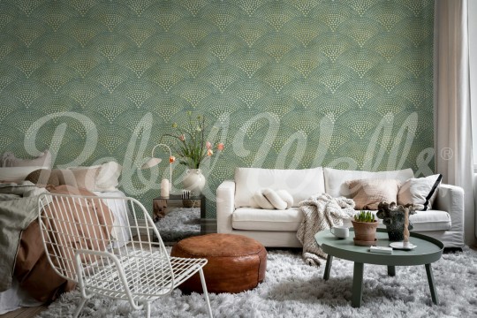 Rebel Walls R21556 Shutterstock Shimmer Fan Green - mural w wachlarze