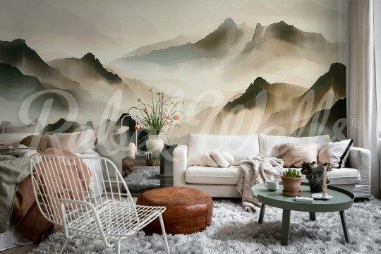 Rebel Walls R21273 Shutterstock Misty Mountain Beige - mural w górski pejzaż