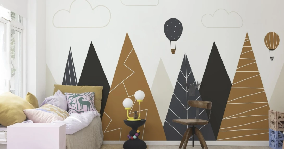 Rebel Walls R20272 Shutterstock Balloon Mountain Natural - mural dla dzieci w góry i balony
