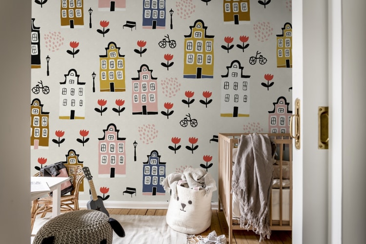Rebel Walls R20288 Shutterstock Sweet Town Pastel - mural dla dzieci w miejski pejzaż