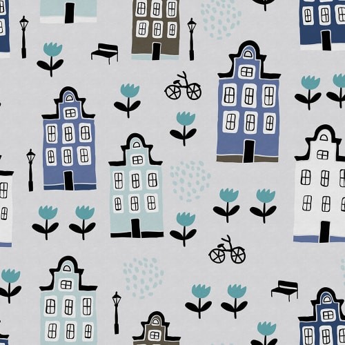 Rebel Walls R20301 Shutterstock Sweet Town Blue - mural dla dzieci w miejski pejzaż