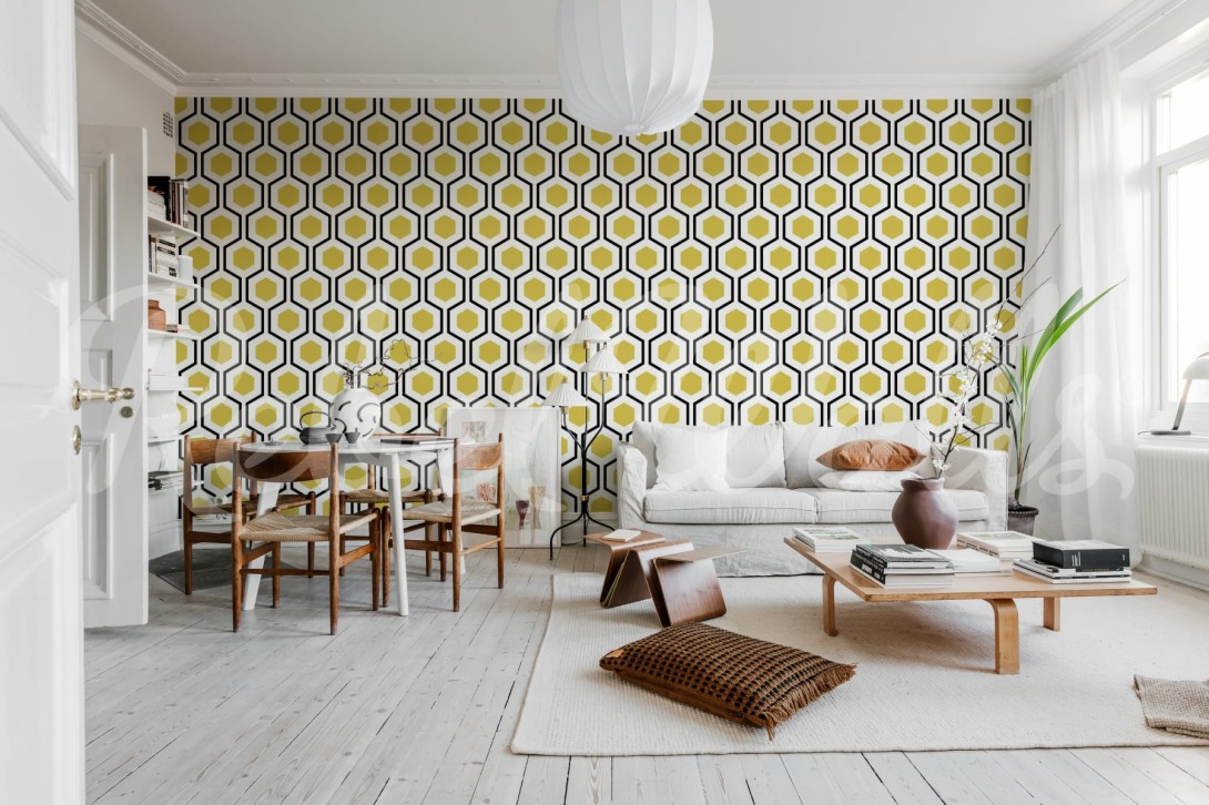 Rebel Walls R21560 Shutterstock Bold Hexagon Yellow - mural w geometryczny wzór retro