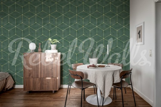 Rebel Walls R21563 Shutterstock Hexaeder Green - mural w geometryczny wzór 3D