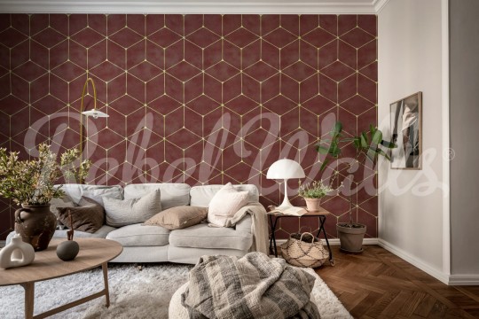 Rebel Walls R21565 Shutterstock Hexaeder Burgundy - mural w geometryczny wzór 3D