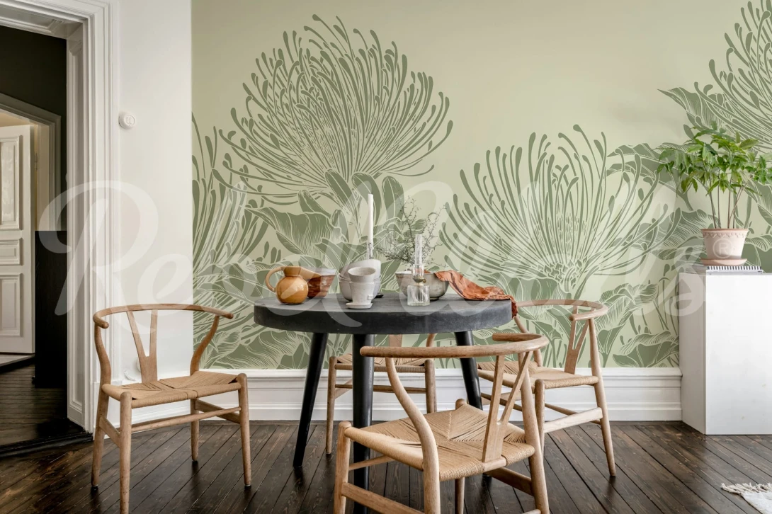 Rebel Walls R21500 Shutterstock Protea Bloom Soft Green - mural w kwiaty protei