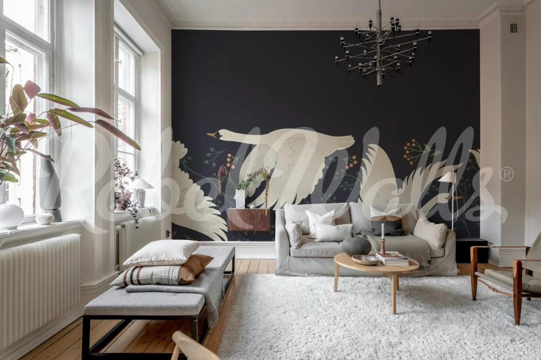 Rebel Walls R21485 Shutterstock Swan Serenade Midnight Blue - mural w łabędzie